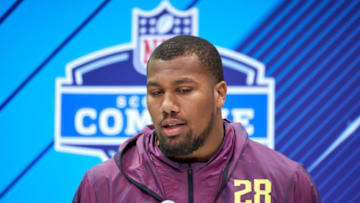 INDIANAPOLIS, IN - MARCH 03: North Carolina State defensive lineman Bradley Chubb answers questions from the media during the NFL Scouting Combine on March 03, 2018 at Lucas Oil Stadium in Indianapolis, IN. (Photo by Robin Alam/Icon Sportswire via Getty Images)