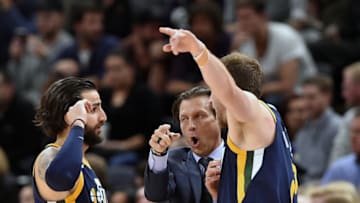 SALT LAKE CITY, UT - NOVEMBER 01: Ricky Rubio #3 of the Utah Jazz, head coach Quin Snyder and Joe Ingles #2 go over a pay in the second half of their 112-103 overtime win over the Portland Trail Blazers at Vivint Smart Home Arena on November 01, 2017 in Salt Lake City, Utah. (Photo by Gene Sweeney Jr./Getty Images)