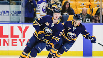 BUFFALO, NY - OCTOBER 04: Buffalo Sabres Defenseman Rasmus Dahlin (26) skates with puck during warmups prior to the Boston Bruins and Buffalo Sabres NHL game on October 4, 2018, at KeyBank Center in Buffalo, NY. (Photo by John Crouch/Icon Sportswire via Getty Images)
