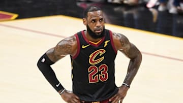 CLEVELAND, OH - JUNE 08: LeBron James #23 of the Cleveland Cavaliers reacts in the first half against the Golden State Warriors during Game Four of the 2018 NBA Finals at Quicken Loans Arena on June 8, 2018 in Cleveland, Ohio. NOTE TO USER: User expressly acknowledges and agrees that, by downloading and or using this photograph, User is consenting to the terms and conditions of the Getty Images License Agreement. (Photo by Jason Miller/Getty Images)