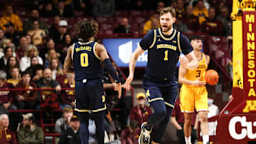 Dec 8, 2022; Minneapolis, Minnesota, USA; Michigan Wolverines center Hunter Dickinson (1) reacts to his shot against the Minnesota Golden Gophers during the first half at Williams Arena. Mandatory Credit: Matt Krohn-USA TODAY Sports