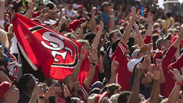Oct 18, 2015; Santa Clara, CA, USA; San Francisco 49ers fans celebrate after a 49ers score against the Baltimore Ravens during the first quarter at Levi