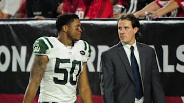 Oct 17, 2016; Glendale, AZ, USA; New York Jets outside linebacker Darron Lee (50) leaves the game during the second half against the Arizona Cardinals at University of Phoenix Stadium. Mandatory Credit: Matt Kartozian-USA TODAY Sports