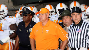 PASADENA, CA - SEPTEMBER 01: Head coach Phillip Fulmer of the University of Tennessee Volunteers waits with his team to take the field before the game with the UCLA Bruins on September 1, 2008 at the Rose Bowl in Pasadena, California. UCLA won 27-24 in the first overtime. (Photo by Stephen Dunn/Getty Images)