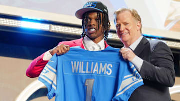 Apr 28, 2022; Las Vegas, NV, USA; Alabama wide receiver Jameson Williams with NFL commissioner Roger Goodell after being selected as the twelfth overall pick to the Detroit Lions during the first round of the 2022 NFL Draft at the NFL Draft Theater. Mandatory Credit: Kirby Lee-USA TODAY Sports