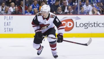 VANCOUVER, BC - APRIL 05: Arizona Coyotes Winger Clayton Keller (9) skates against the Vancouver Canucks during the third period in a NHL hockey game on April 05, 2018, at Rogers Arena in Vancouver, BC. Canucks won 4-3 in Overtime. (Photo by Bob Frid/Icon Sportswire via Getty Images)