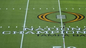 Jan 9, 2017; Tampa, FL, USA; A general view of the logo on the field before the 2017 College Football Playoff National Championship Game between the Alabama Crimson Tide and the Clemson Tigers at Raymond James Stadium. Mandatory Credit: Jasen Vinlove-USA TODAY Sports
