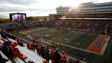 CHAMPAIGN, ILLINOIS - NOVEMBER 02: The Illinois Fighting Illini and Rutgers Scarlet Knights on the field at Memorial Stadium on November 02, 2019 in Champaign, Illinois. (Photo by Justin Casterline/Getty Images)