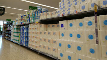 MANCHESTER, ENGLAND - SEPTEMBER 25: Well stocked shelves of toilet roll and kitchen rool is seen in a supermarket on September 25, 2020 in Manchester, England. Tescos and Morrisons supermarkets are the first to initiate rations on essential items amid fears of panic buying with the prospect of a second Covid-19 full lockdown. (Photo by Christopher Furlong/Getty Images)