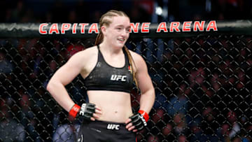Dec 7, 2019; Washington, DC, USA; Aspen Ladd (red gloves) after her win against Yana Kunitskaya (not pictured) during UFC Fight Night at Capital One Arena. Mandatory Credit: Amber Searls-USA TODAY Sports