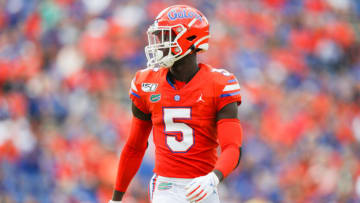 GAINESVILLE, FLORIDA - SEPTEMBER 28: Kaiir Elam #5 of the Florida Gators looks on during the fourth quarter of a game against the Towson Tigers at Ben Hill Griffin Stadium on September 28, 2019 in Gainesville, Florida. (Photo by James Gilbert/Getty Images)