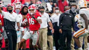 Auburn footballOct 10, 2020; Athens, Georgia, USA; Georgia Bulldogs wide receiver Demetris Robertson (16) runs after a catch against the Tennessee Volunteers during the second half at Sanford Stadium. Mandatory Credit: Dale Zanine-USA TODAY Sports