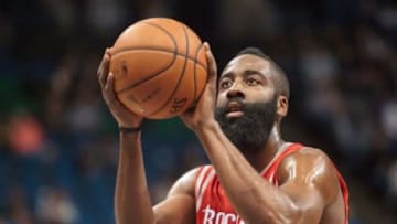 Apr 11, 2014; Minneapolis, MN, USA; Houston Rockets guard James Harden (13) shoots at Target Center. The Minnesota Timberwolves win 112-110. Mandatory Credit: Brad Rempel-USA TODAY Sports
