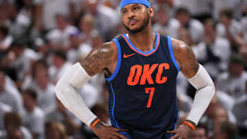 SALT LAKE CITY, UT - APRIL 23: Carmelo Anthony #7 of the Oklahoma City Thunder looks on during the game against the Utah Jazz in Game Four of Round One of the 2018 NBA Playoffs on April 23, 2018 at vivint.SmartHome Arena in Salt Lake City, Utah. NOTE TO USER: User expressly acknowledges and agrees that, by downloading and/or using this Photograph, user is consenting to the terms and conditions of the Getty Images License Agreement. Mandatory Copyright Notice: Copyright 2018 NBAE (Photo by Garrett Ellwood/NBAE via Getty Images)