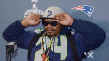 Jan 29, 2015; Phoenix, AZ, USA; Seattle Seahawks running back Marshawn Lynch (24) at a press conference at Arizona Grand in advance of Super Bowl XLIX. Mandatory Credit: Kirby Lee-USA TODAY Sports