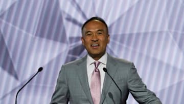 NBA deputy commissioner Mark Tatum announces the results during the 2022 NBA Draft Lottery Credit: David Banks-USA TODAY Sports