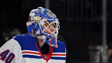 LAS VEGAS, NEVADA - DECEMBER 08: Alexandar Georgiev #40 of the New York Rangers takes a break during a stop in play in the second period of a game against the Vegas Golden Knights at T-Mobile Arena on December 8, 2019 in Las Vegas, Nevada. The Rangers defeated the Golden Knights 5-0. (Photo by Ethan Miller/Getty Images)