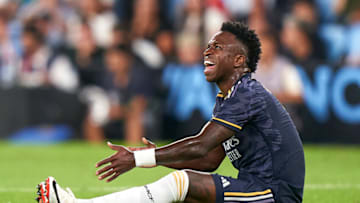 VIGO, SPAIN - AUGUST 25: Vinicius Junior of Real Madrid reacts during the LaLiga EA Sports match between RC Celta Vigo and Real Madrid CF at Estadio Abanca Balaidos on August 25, 2023 in Vigo, Spain. (Photo by Jose Manuel Alvarez/Quality Sport Images/Getty Images)