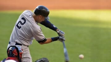 Jul 10, 2014; Cleveland, OH, USA; New York Yankees shortstop Derek Jeter (2) singles in the first inning against the Cleveland Indians at Progressive Field. Mandatory Credit: David Richard-USA TODAY Sports