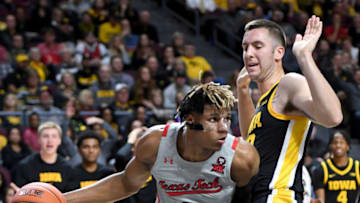 LAS VEGAS, NEVADA - NOVEMBER 28: Jahmi'us Ramsey #3 of the Texas Tech Red Raiders is guarded by Connor McCaffery #30 of the Iowa Hawkeyes during the 2019 Continental Tire Las Vegas Invitational basketball tournament at the Orleans Arena on November 28, 2019 in Las Vegas, Nevada. The Hawkeyes defeated the Red Raiders 72-61. (Photo by Ethan Miller/Getty Images)