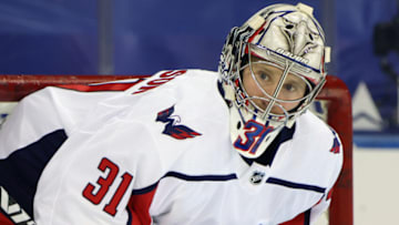 Feb 4, 2021; New York, NY, USA; Washington Capitals goaltender Craig Anderson (31) tends net in warm-ups prior to a game against the New York Rangers at Madison Square Garden. Mandatory Credit: Bruce Bennett/Pool Photo-USA TODAY Sports