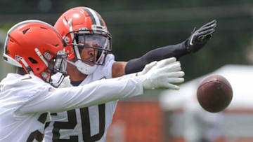 Browns cornerback Greg Newsome III breaks up a pass during drills, Thursday, July 28, 2022 in Berea.Akr 7 28 Browns Main 16