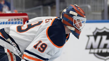 Jan 1, 2022; Elmont, New York, USA; Edmonton Oilers goalie Mikko Koskinen (19) during the second period against the New York Islanders at UBS Arena. Mandatory Credit: Gregory Fisher-USA TODAY Sports