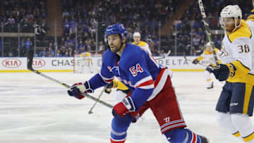 NEW YORK, NEW YORK - OCTOBER 04: Adam McQuaid #54 of the New York Rangers skates against the Nashville Predators at Madison Square Garden on October 04, 2018 in New York City. The Predators defeated the Rangers 3-2. (Photo by Bruce Bennett/Getty Images)