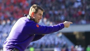 Nov 29, 2014; Clemson, SC, USA; Clemson Tigers head coach Dabo Swinney reacts during the second half against the South Carolina Gamecocks at Clemson Memorial Stadium. Mandatory Credit: Joshua S. Kelly-USA TODAY Sports