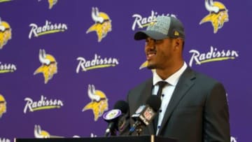 May 9, 2014; Eden Prairie, MN, USA; Minnesota Vikings linebacker Anthony Barr addresses the media at Winter Park Fieldhouse. Mandatory Credit: Brad Rempel-USA TODAY Sports