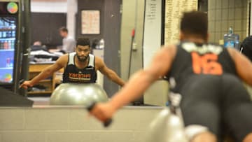 PHOENIX, AZ - OCTOBER 10: Alan Williams #15 of the Phoenix Suns stretches during practice on October 10, 2016 at the Talking Stick Resort Arena in Phoenix, Arizona. NOTE TO USER: User expressly acknowledges and agrees that, by downloading and or using this Photograph, user is consenting to the terms and conditions of the Getty Images License Agreement. Mandatory Copyright Notice: Copyright 2016 NBAE (Photo by Barry Gossage/NBAE via Getty Images)