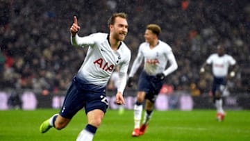 LONDON, ENGLAND - DECEMBER 15: Christian Eriksen of Tottenham Hotspur celebrates after scoring his team's first goal during the Premier League match between Tottenham Hotspur and Burnley FC at Tottenham Hotspur Stadium on December 15, 2018 in London, United Kingdom. (Photo by Mike Hewitt/Getty Images)