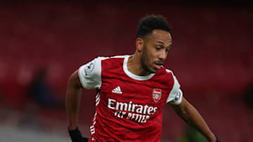 LONDON, ENGLAND - OCTOBER 25: Pierre-Emerick Aubameyang of Arsenal during the Premier League match between Arsenal and Leicester City at Emirates Stadium on October 25, 2020 in London, England. Sporting stadiums around the UK remain under strict restrictions due to the Coronavirus Pandemic as Government social distancing laws prohibit fans inside venues resulting in games being played behind closed doors. (Photo by Catherine Ivill/Getty Images)