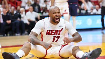 P.J. Tucker #17 of the Miami Heat celebrates a basket and a foul against the Philadelphia 76ers (Photo by Michael Reaves/Getty Images)
