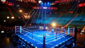 May 1, 2015; Las Vegas, NV, USA; Overall view of the empty boxing ring at the MGM Grand Garden Arena following weigh-ins for the upcoming boxing fight between Floyd Mayweather against Manny Pacquiao. Mandatory Credit: Mark J. Rebilas-USA TODAY Sports