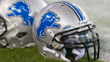 Dec 9, 2012; Green Bay, WI, USA; Detroit Lions helmets sit on the field during warmups prior to the game against the Green Bay Packers at Lambeau Field. The Packers won 27-20. Mandatory Credit: Jeff Hanisch-USA TODAY Sports