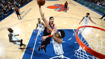 NEW YORK, NY - JANUARY 30: Enes Kanter #00 of the New York Knicks goes to the basket against the Brooklyn Nets on January 30, 2018 at Madison Square Garden in New York City, New York. NOTE TO USER: User expressly acknowledges and agrees that, by downloading and or using this photograph, User is consenting to the terms and conditions of the Getty Images License Agreement. Mandatory Copyright Notice: Copyright 2018 NBAE (Photo by Nathaniel S. Butler/NBAE via Getty Images)