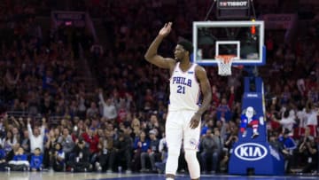 PHILADELPHIA, PA - NOVEMBER 18: Joel Embiid #21 of the Philadelphia 76ers celebrates after hitting a three pointer against the Golden State Warriors in the first half at Wells Fargo Center on November 18, 2017 in Philadelphia,Pennsylvania. NOTE TO USER: User expressly acknowledges and agrees that, by downloading and or using this photograph, User is consenting to the terms and conditions of the Getty Images License Agreement. (Photo by Rob Carr/Getty Images)