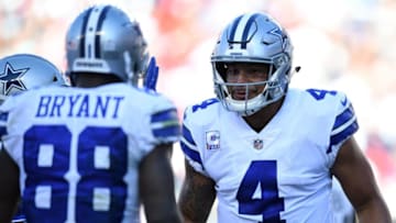 SANTA CLARA, CA - OCTOBER 22: Dez Bryant #88 and Dak Prescott #4 of the Dallas Cowboys celebrate after a two-yard touchdown against the San Francisco 49ers during their NFL game at Levi's Stadium on October 22, 2017 in Santa Clara, California. (Photo by Thearon W. Henderson/Getty Images)