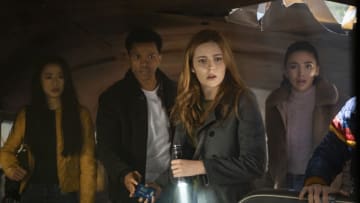 Nancy Drew -- "The Search for the Midnight Wraith" -- Image Number: NCD201c_0420r.jpg -- Pictured (L-R): Leah Lewis as George, Tunji Kasim as Nick, Kennedy McMann as Nancy and Maddison Jaizani as Bess -- Photo: Colin Bentley/The CW -- © 2021 The CW Network, LLC. All Rights Reserved.