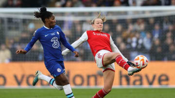Chelsea's Canadian defender Kadeisha Buchanan (L) fights for the ball with Arsenal's Norwegian midfielder Frida Maanum during the English Women's League Cup final football match between Arsenal and Chelsea at Selhurst Park in south London on March 5, 2023. (Photo by ADRIAN DENNIS / AFP) (Photo by ADRIAN DENNIS/AFP via Getty Images)