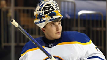 Apr 27, 2021; New York, NY, USA; Ukko-Pekka Luukkonen #1 of the Buffalo Sabres takes a break while tending net against the New York Rangers at Madison Square Garden on April 27, 2021 in New York City. Mandatory Credit: Bruce Bennett/Pool Photo-USA TODAY Sports