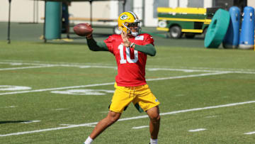 ASHWAUBENON, WISCONSIN - AUGUST 19: Jordan Love #10 of the Green Bay Packers throws a pass during Green Bay Packers Training Camp at Ray Nitschke Field on August 19, 2020 in Ashwaubenon, Wisconsin. (Photo by Dylan Buell/Getty Images)