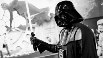 LONDON, ENGLAND - DECEMBER 18: (EDITORS NOTE: Image has been converted to black and white) Darth Vader at the European premiere of "Star Wars: The Rise of Skywalker" at Cineworld Leicester Square on December 18, 2019 in London, England. (Photo by Gareth Cattermole/Getty Images for Disney)