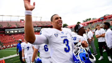 PISCATAWAY, NJ - SEPTEMBER 22: Tyree Jackson #3 of the Buffalo Bulls waves to fans after the game at HighPoint.com Stadium on September 22, 2018 in Piscataway, New Jersey. Buffalo won 42-13. (Photo by Corey Perrine/Getty Images)