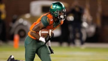 Oct 4, 2014; Atlanta, GA, USA; Miami Hurricanes wide receiver Stacy Coley (3) returns a kick against the Georgia Tech Yellow Jackets in the third quarter at Bobby Dodd Stadium. Georgia Tech defeated Miami 28-17. Mandatory Credit: Brett Davis-USA TODAY Sports