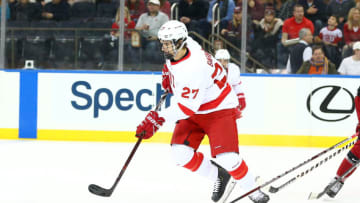 NEW YORK, NY - NOVEMBER 24: Cornell Big Red forward Morgan Barron (27) skates during the 2018 Frozen Apple College Hockey game between the Cornell Big Red and the Harvard Crimson on November 24, 2018 at Madison Square Garden in New York, NY. (Photo by Rich Graessle/Icon Sportswire via Getty Images)