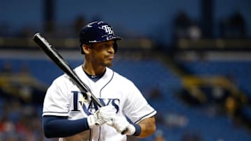 May 3, 2016; St. Petersburg, FL, USA;Tampa Bay Rays left fielder Desmond Jennings (8) reacts while at bat against the Los Angeles Dodgers at Tropicana Field. Mandatory Credit: Kim Klement-USA TODAY Sports