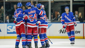 NEW YORK, NY - FEBRUARY 04: Rangers celebrate goal during the Los Angeles Kings and New York Rangers NHL game on February 4, 2019, at Madison Square Garden in New York, NY. (Photo by John Crouch/Icon Sportswire via Getty Images)
