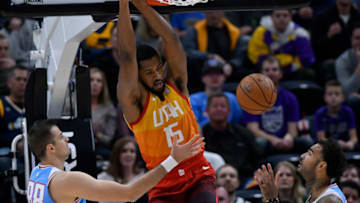 SALT LAKE CITY, UT - NOVEMBER 21: Derrick Favors #15 of the Utah Jazz scores against the Sacramento Kings in the first half of a NBA game at Vivint Smart Home Arena on November 21, 2018 in Salt Lake City, Utah. (Photo by Gene Sweeney Jr./Getty Images)